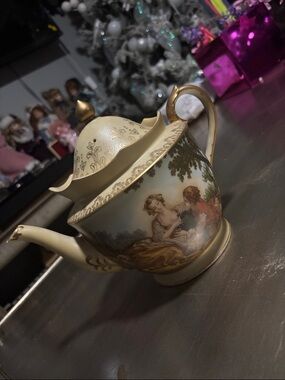 Vintage-Style Gold and Cream Decorative Teapot - Home Art Accent